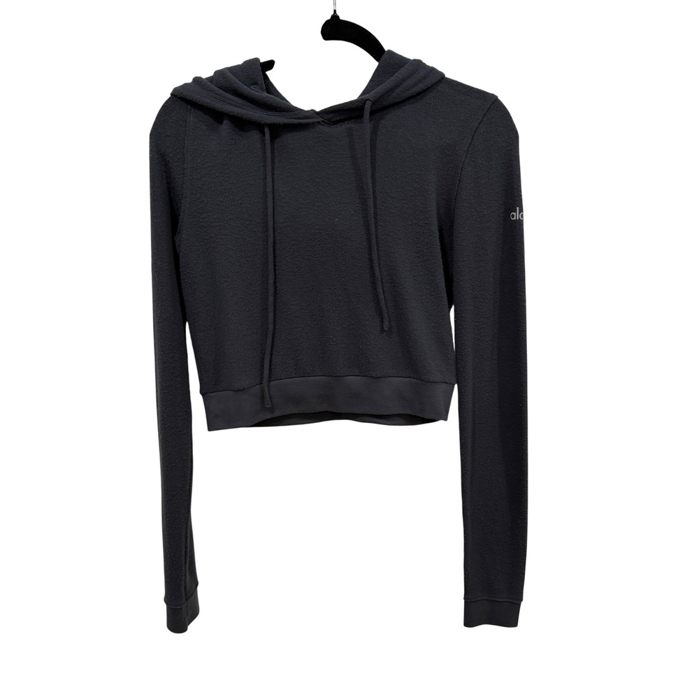 Alo Yoga Women Cropped Hoodie Charcoal Gray Long Sleeve Pullover Sweatshirt